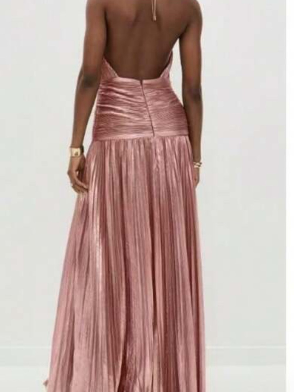 Backless Metallic Rose Halter Evening Dress